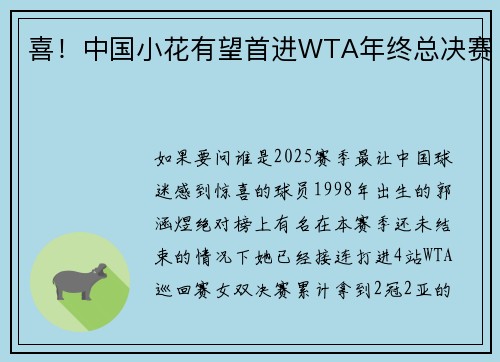 喜!中国小花有望首进WTA年终总决赛 喜!中国小花有望首进WTA年终总决赛